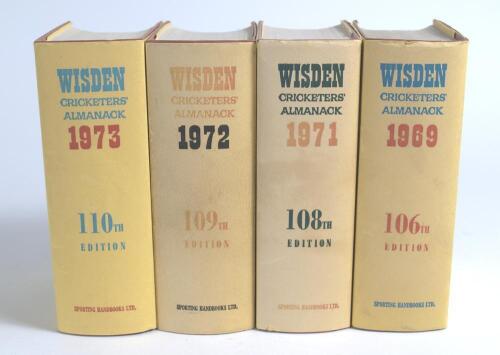 Wisden Cricketers&rsquo; Almanack 1969, 1971, 1972 and 1973. Original hardbacks with dustwrapper. Some age toning to the spines of the dustwrappers otherwise in good condition. Qty 4