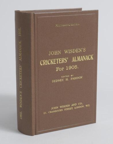 Wisden Cricketers&rsquo; Almanack 1905. Willows hardback reprint (1998) in dark brown boards with gilt lettering. Limited edition 479/500. Very good condition