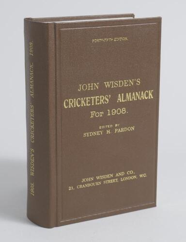 Wisden Cricketers&rsquo; Almanack 1908. Willows hardback reprint (2000) in dark brown boards with gilt lettering. Limited edition 412/500. Very good condition