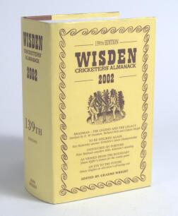 Wisden Cricketers&rsquo; Almanack 2002. Original hardback edition with dustwrapper. Nicely signed in ink by all five &lsquo;Cricketers of the Year&rsquo; to their photograph plate, Adam Gilchrist, Jason Gillespie, Damien Martyn (Australia), V.V.S. Laxman (India), and Andy 