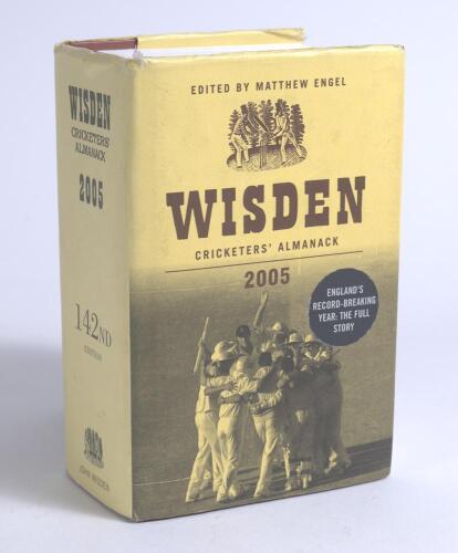 Wisden Cricketers&rsquo; Almanack 2005. Original hardback edition with dustwrapper. Nicely signed in ink by all five &lsquo;Cricketers of the Year&rsquo; to their photograph plate, Ashley Giles (Warwickshire), Steve Harmison (Durham), Robert Key (Kent), Andrew Strauss (Mid