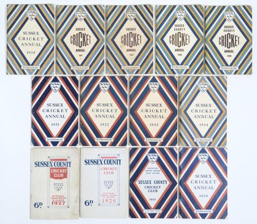 &lsquo;Sussex C.C.C. Official Handbook & Guide&rsquo;. A good run of thirteen handbooks for seasons 1927 (first year of issue) to 1939. Original decorative card wrappers. Padwick 2779. Splitting to the spine of the 1927 issue, some general wear and soiling to wrapper