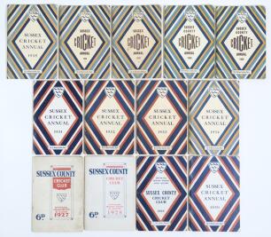 &lsquo;Sussex C.C.C. Official Handbook & Guide&rsquo;. A good run of thirteen handbooks for seasons 1927 (first year of issue) to 1939. Original decorative card wrappers. Padwick 2779. Splitting to the spine of the 1927 issue, some general wear and soiling to wrapper