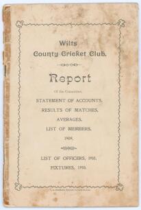 &lsquo;Wilts County Cricket Club Report&rsquo; 1909. Printed by C.H. Woodward, Devizes. 28pp booklet in original paper wrappers comprising statement of account, results, averages list of members for season 1909, list of offices and fixtures for 1910. Padwick 2842 rec