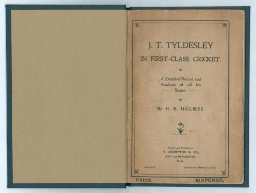 &lsquo;J.T. Tyldesley in First Class Cricket&rsquo;. H.E. Holmes. Bury & Manchester 1912. Rebound in modern blue cloth, original paper wrappers retained. Signed bookplate of Judge B.J. Wakley to original inside front wrapper. Padwick 8168. Good condition.