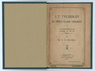 &lsquo;J.T. Tyldesley in First Class Cricket&rsquo;. H.E. Holmes. Bury & Manchester 1912. Rebound in modern blue cloth, original paper wrappers retained. Signed bookplate of Judge B.J. Wakley to original inside front wrapper. Padwick 8168. Good condition.