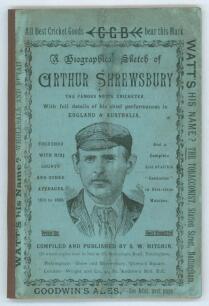 &lsquo;A Biographical Sketch of Arthur Shrewsbury, the famous Notts. Cricketer. With full details of his chief performances in England & Australia&rsquo;. Compiled and published by S.W. Hitchin, Nottingham 1890. 42pp plus adverts. Rebound in stiffened card boards wit
