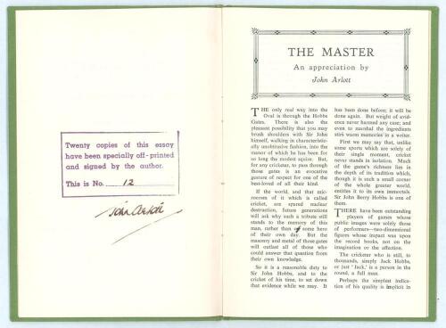 &lsquo;The Master. An Appreciation&rsquo;. John Arlott. Boscombe Printing Co. 1963. Privately printed 8pp offprint from Arlott&rsquo;s &lsquo;Book of Cricketers&rsquo;, bound in green cloth, gilt title to front. Limited edition of only twenty copies produced, of which this is number 1