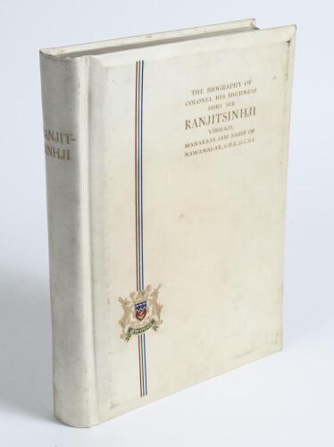 &lsquo;The Biography of Colonel His Highness Shri Sir Ranjitsinhji Vibhaji, Maharaja Jam Sahib of Nawangar&rsquo;. Roland Wild. London 1934. Portrait frontispiece. Original decorative vellum, gilt titles to front with colour emblem and decoration and to spine, top ed