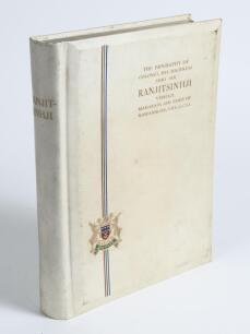 &lsquo;The Biography of Colonel His Highness Shri Sir Ranjitsinhji Vibhaji, Maharaja Jam Sahib of Nawangar&rsquo;. Roland Wild. London 1934. Portrait frontispiece. Original decorative vellum, gilt titles to front with colour emblem and decoration and to spine, top ed