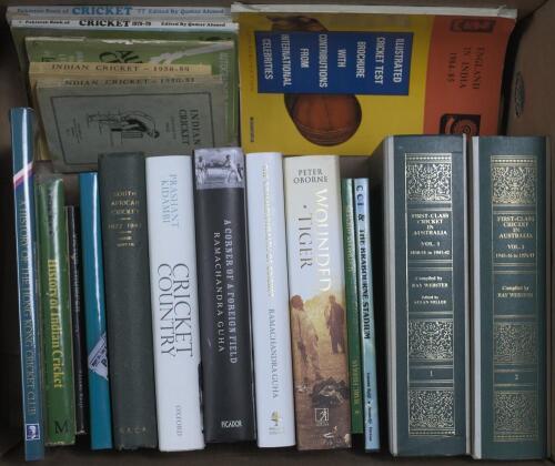 Indian, Australian and other overseas cricket histories. Box comprising a selection of overseas cricket histories and annuals. Includes four signed hardback titles, &lsquo;C.C.I. & The Brabourne Stadium 1937-1987&rsquo;, Vasant Raiji & Anandji Dossa, Bombay 1987, sig