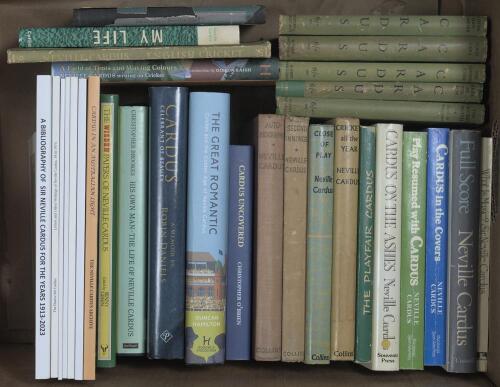Neville Cardus. Box comprising thirty one titles by or about Cardus. Earlier first edition hardback titles by Cardus with original dustwrappers include &lsquo;English Cricket&rsquo; 1945, &lsquo;Cricket all the Year&rsquo; 1952, &lsquo;Close of Play&rsquo; 1956. Four hardback reprints by Ha