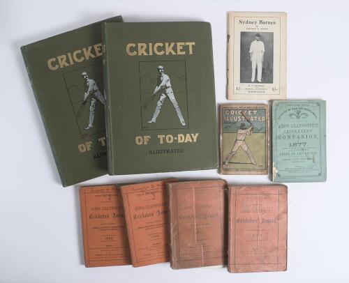 Cricket annuals and books. &lsquo;James Lillywhite&rsquo;s Cricketers Annual&rsquo; for 1876, 1878, 1889 & 1890, all in original red limp cloth covers. Wear to the 1876 with covers becoming detached, odd faults to the 1878, ownership name to front covers of the 1889 and 18