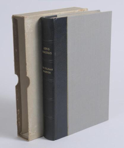 &lsquo;Long Innings. The autobiography of Sir Pelham Warner&rsquo;. P.F. Warner. London 1951. Quarter leather limited edition of 260 copies produced, limited edition no. 38, signed in ink to the limitation page by Warner. In slip case. Good/ very good condition.
