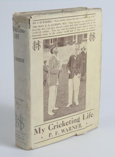 &lsquo;My Cricketing Life&rsquo;. P.F. Warner. London 1921. Limited edition of 200 copies, this being no. 73, nicely signed in ink by the author. Original decorative cream cloth boards with gilt titles and emblem, gilt to top edge. Rarely seen original dustwrapper. S
