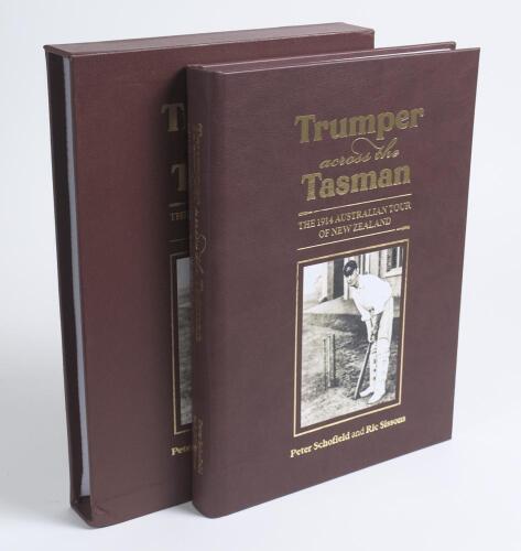 &lsquo;Trumper across the Tasman. The 1914 Australian Tour of New Zealand&rsquo;. Peter Schofield & Ric Sissons. Boundary Books, Childrey 2025. Full maroon leather with slipcase. Limited edition no. 85 of 110 copies produced of which 100 were for sale. Signed to the 
