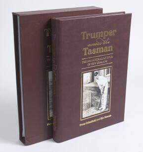 &lsquo;Trumper across the Tasman. The 1914 Australian Tour of New Zealand&rsquo;. Peter Schofield & Ric Sissons. Boundary Books, Childrey 2025. Full maroon leather with slipcase. Limited edition no. 85 of 110 copies produced of which 100 were for sale. Signed to the 