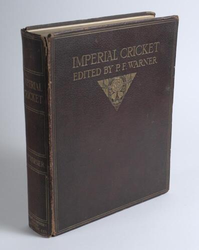 &lsquo;Imperial Cricket&rsquo;. P.F. Warner. London 1912. Original full red morocco, gilt titles to front cover and spine. All pages edges gilt. Limited subscribers edition of 900 copies, this being number 27. Padwick 83. Broken front and rear internal hinges, wear t