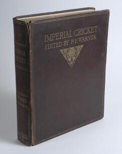 &lsquo;Imperial Cricket&rsquo;. P.F. Warner. London 1912. Original full red morocco, gilt titles to front cover and spine. All pages edges gilt. Limited subscribers edition of 900 copies, this being number 27. Padwick 83. Broken front and rear internal hinges, wear t