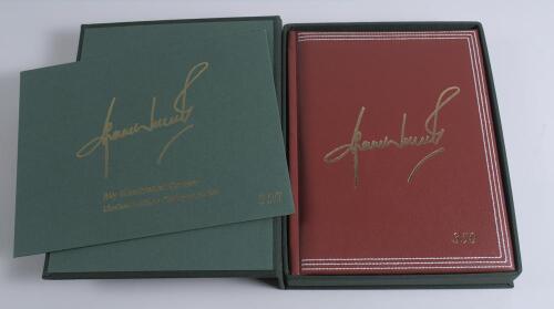 &lsquo;Shane Warne. My Illustrated Career&rsquo;. Shane Warne. London 2006. Leather hand bound limited edition number 840 of 1000 copies produced, signed by Warne to the limitation page. In green slipcase, including the six limited edition photographs of Warne reprod