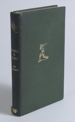 &lsquo;Farewell to Cricket&rsquo;. Don Bradman. Theodore Brun Ltd. London 1950. Limited de luxe edition of 500 copies, produced in green morocco binding with gilt, this being number 421. Gilt to top page edges. Slipped in is an early ink signature of Bradman on piece
