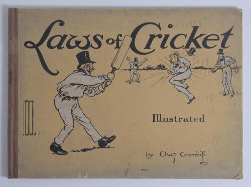 &lsquo;Laws of Cricket&rsquo; Charles E. Crombie. London 1907. Large, complete first edition folio book containing twelve colour humourous illustrations with captions of the laws of the game, produced for Perrier Limited of London, with Perrier advertisements through