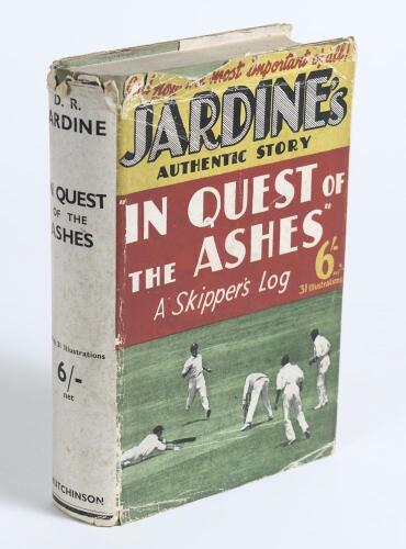 Bodyline. &lsquo;In Quest of the Ashes&rsquo;. D.R. Jardine. London 1933. Nicely signed by Jardine in ink to front endpaper with dedication. Original dustwrapper with wear. Padwick 4477. Some soiling to cloth covers, otherwise in good condition.