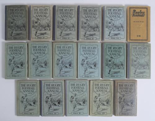 The Rugby Football Annual 1921-22 (5th edition), 1923-24 to 1939-40 (22nd edition). Original decorative wrappers/boards. An almost complete run of seventeen editions of this rarer annual for the period. Some faults, some breaking of internal hinges, two e