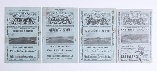 Rugby Union. &lsquo;Cardiff Athletic Club Rugby Section&rsquo; 1924/25-1926/27. Four official programmes for &lsquo;home&rsquo; matches played at Cardiff. Matches are v Gloucester 18th October 1924, v Penarth 14th March 1925, v Barbarians 11th April 1925, and v Exeter 22nd Janua