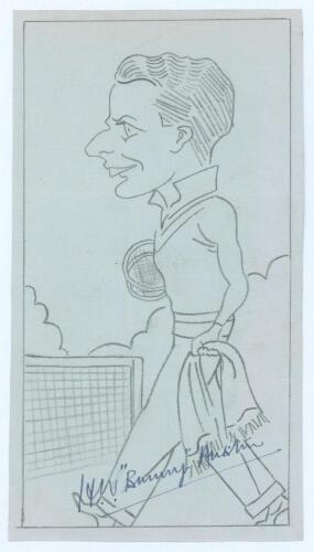 Henry Wilfred &lsquo;Bunny&rsquo; Austin. Original pencil caricature of Austin depicted full length carrying two tennis rackets and a towel. Very nicely signed in blue ink &lsquo;H.W. &ldquo;Bunny&rdquo; Austin&rsquo;. Artist and date unknown. 4.25&rdquo;x7.75&rdquo;. Light horizontal folds. Very good 