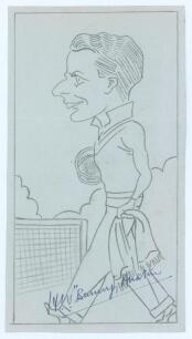Henry Wilfred &lsquo;Bunny&rsquo; Austin. Original pencil caricature of Austin depicted full length carrying two tennis rackets and a towel. Very nicely signed in blue ink &lsquo;H.W. &ldquo;Bunny&rdquo; Austin&rsquo;. Artist and date unknown. 4.25&rdquo;x7.75&rdquo;. Light horizontal folds. Very good 