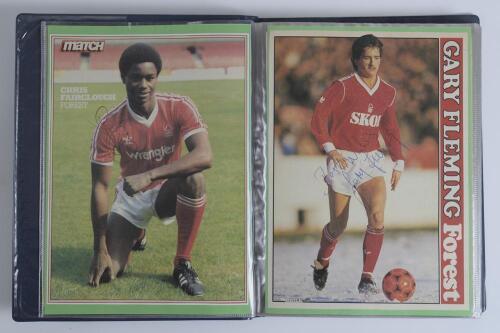 Nottingham Forest F.C. Large blue album containing full page magazine pictures and copy photographs of the players, the majority signed by the player features. Signatures include Pearce, Hart, Wigley, Procter, Joe Baker, Fairclough, Hodge, Davenport, Wall