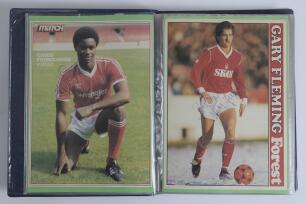 Nottingham Forest F.C. Large blue album containing full page magazine pictures and copy photographs of the players, the majority signed by the player features. Signatures include Pearce, Hart, Wigley, Procter, Joe Baker, Fairclough, Hodge, Davenport, Wall