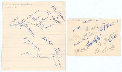 Nottingham Forest F.C. 1952-1956. Ruled page signed in ink by nine members of the Nottingham Forest playing staff and manager, and an album page signed in ink and pencil by eleven members of the 1952/53 team. Signatures include Jack Hutchinson, Tot Levert