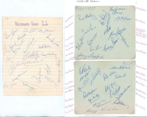 Nottingham Forest F.C. 1955/56 and 1957/58. Ruled page signed in ink by twenty one members of the 1955/56 Nottingham Forest team, and two album pages signed in ink by twenty eight members of the 1957/58 team. Signatures include Eric Jones, Bill Farmer, Ro