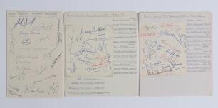Notts County F.C. 1949/50-1951/52. Three album pages each signed in ink by members of the Notts County playing staff and officials for seasons 1949/50, nineteen signatures nicely signed to page, 1950/51, thirteen signatures (plus three to verso) on small 