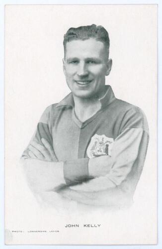 John Kelly. Leeds United F.C. 1933-1935. Mono plainback player card/postcard of Kelly, head and shoulders, in Leeds shirt. Name printed to lower border. Photo by Lonnergan, Leeds. Good/very good condition
