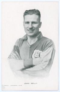 John Kelly. Leeds United F.C. 1933-1935. Mono plainback player card/postcard of Kelly, head and shoulders, in Leeds shirt. Name printed to lower border. Photo by Lonnergan, Leeds. Good/very good condition