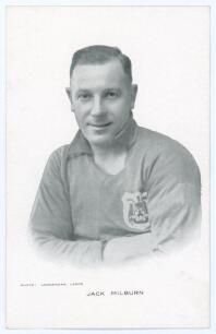John &lsquo;Jack&rsquo; Milburn. Leeds United F.C. 1928-1939. Mono plainback player card/postcard of Milburn, head and shoulders, in Leeds shirt. Name printed to lower border. Photo by Lonnergan, Leeds. Good/very good condition
