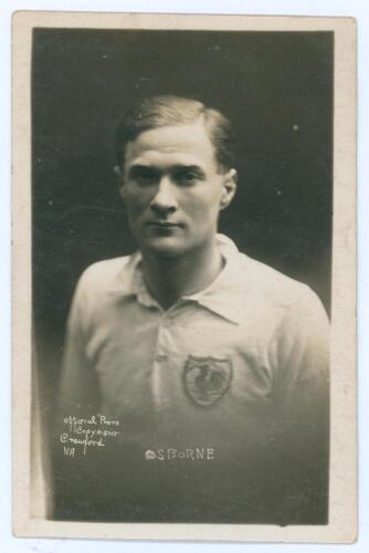 Frank Raymond Osborne. Tottenham Hotspur 1924-1931. Mono real photograph postcard of Osbourne, half length, in Spurs shirt. Name to lower border. W.J. Crawford of Edmonton. Good condition Postally unused