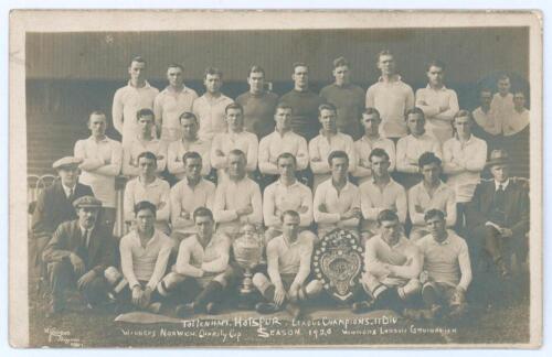 Tottenham Hotspur &lsquo;League Champions&rsquo; Division II 1920&rsquo;. Early mono real photograph postcard of the playing staff and officials, with printed title to lower border. W.J. Crawford. Postally unused. Odd minor faults otherwise in good condition. Rare
