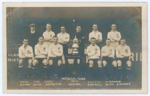 Tottenham Hotspur Cup Team 1921-22. &lsquo;Hotspur Team&rsquo;. Early mono real photograph postcard of the team and trainer, Minter, standing and seated in rows on the pitch with printed title and players names printed beneath, to lower border. Appears to be W.J. Cra