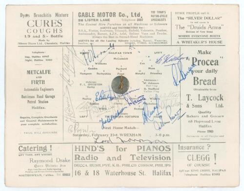 Halifax Town v Tottenham Hotspur. F.A. Cup 5th round match played at The Shay on the 14th February 1953. Official programme for match signed to the centre page &lsquo;field of play&rsquo; by the Spurs team who played in the match and other squad players. Seventeen si