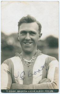 Thomas Edwin Reed &lsquo;Tommy&rsquo; Cook. Sepia real photograph plain back postcard of Cook head and shoulders wearing Brighton & Hove Albion football shirt. Printed title &lsquo;T. Cook, Brighton & Hove Albion 1925-26&rsquo;. Signed in ink to photograph by Cook. Brighton Cam