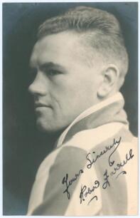 Robert &lsquo;Bobby&rsquo; Farrell. Dundee, Brighton & Hove Albion 1926-1939. Mono real photograph postcard of Farrell, head and shoulders in profile, wearing Brighton football shirt. Very nicely signed in ink to the photograph by Farrell. Publisher unknown. Postally