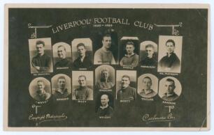 &lsquo;Liverpool Football Club 1933-1934&rsquo;. Sepia real photograph postcard of fifteen members of the Liverpool team, each depicted in cameo on a black background with printed titles. Players featured include Bradshaw, English, Wright, McDougall, Done, Steele, Mo