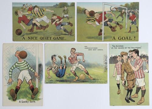 Humorous football postcards early 1920s. Five colour postcards depicting cartoons of humorous football scenes. Captions are &lsquo;Our Associations were most cordial&rsquo;, Angus Thomas Ltd. series no. 70. &lsquo;The Referee &ldquo;In the Hands of the Philistines&rdquo;&rsquo;, Millar & La
