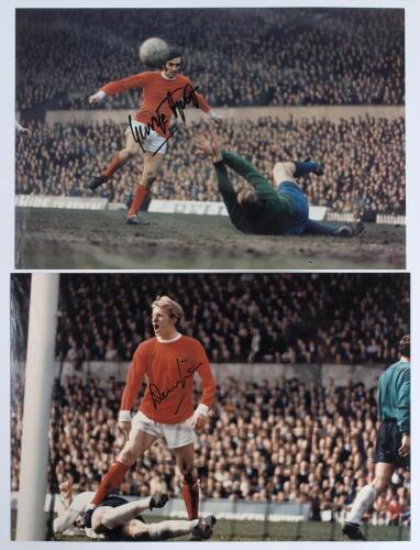 Denis Law and George Best. Manchester United. Two colour copy photographs of Law and Best both in match action. Each photograph nicely signed in black ink by the featured player. Each measures 11.5&rdquo;x8&rdquo;. Very good condition.