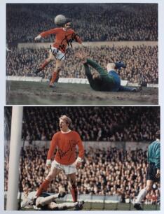 Denis Law and George Best. Manchester United. Two colour copy photographs of Law and Best both in match action. Each photograph nicely signed in black ink by the featured player. Each measures 11.5&rdquo;x8&rdquo;. Very good condition.