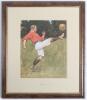 Ernest Prater (Fl. 1897-1914). Excellent original watercolour heightened with body colour of a footballer performing an athletic high kick of a football. The player is depicted wearing a bright red jersey, white shorts with blue belt, green and pink toppe